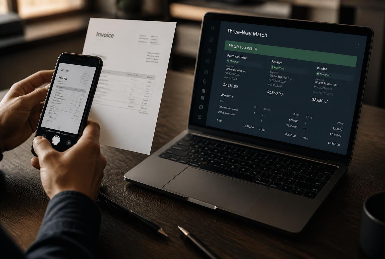 Hands scanning a paper supplier invoice with a smartphone beside a laptop showing a successful three-way match screen