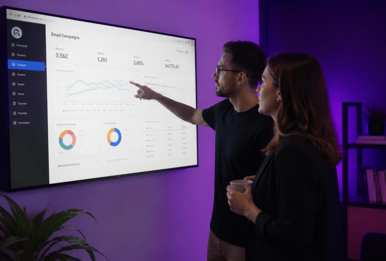 Two marketers reviewing an email campaign performance dashboard on a large screen