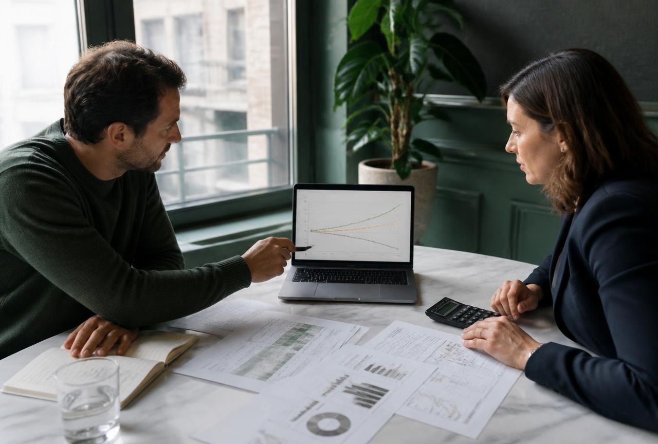 An accountant and a business owner comparing three cash flow scenario curves on a laptop