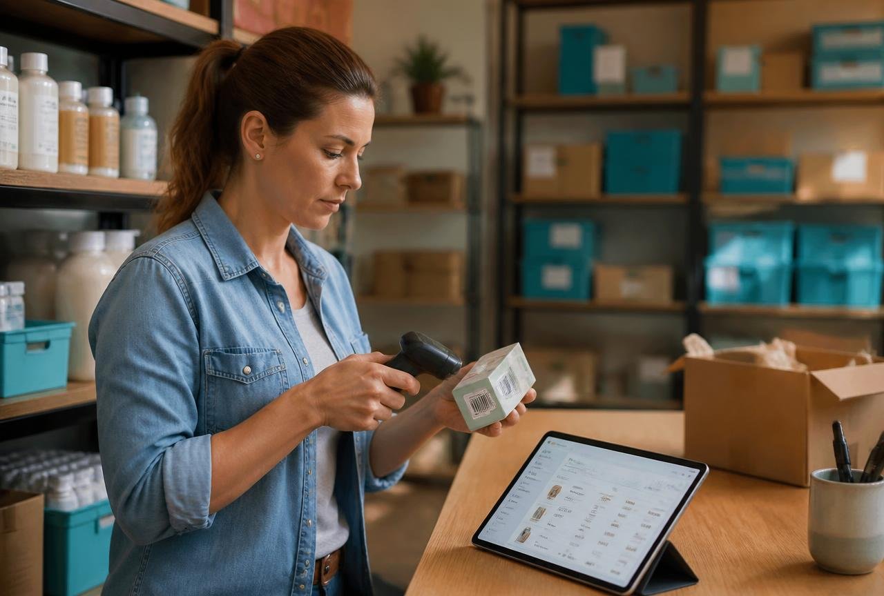 Small business owner scanning a barcode in a stockroom while a tablet shows live inventory levels