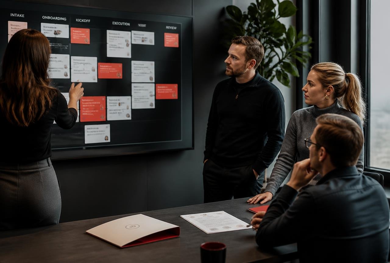 Consulting team reviewing a client onboarding kanban board with intake, kickoff and review stages on a wall display