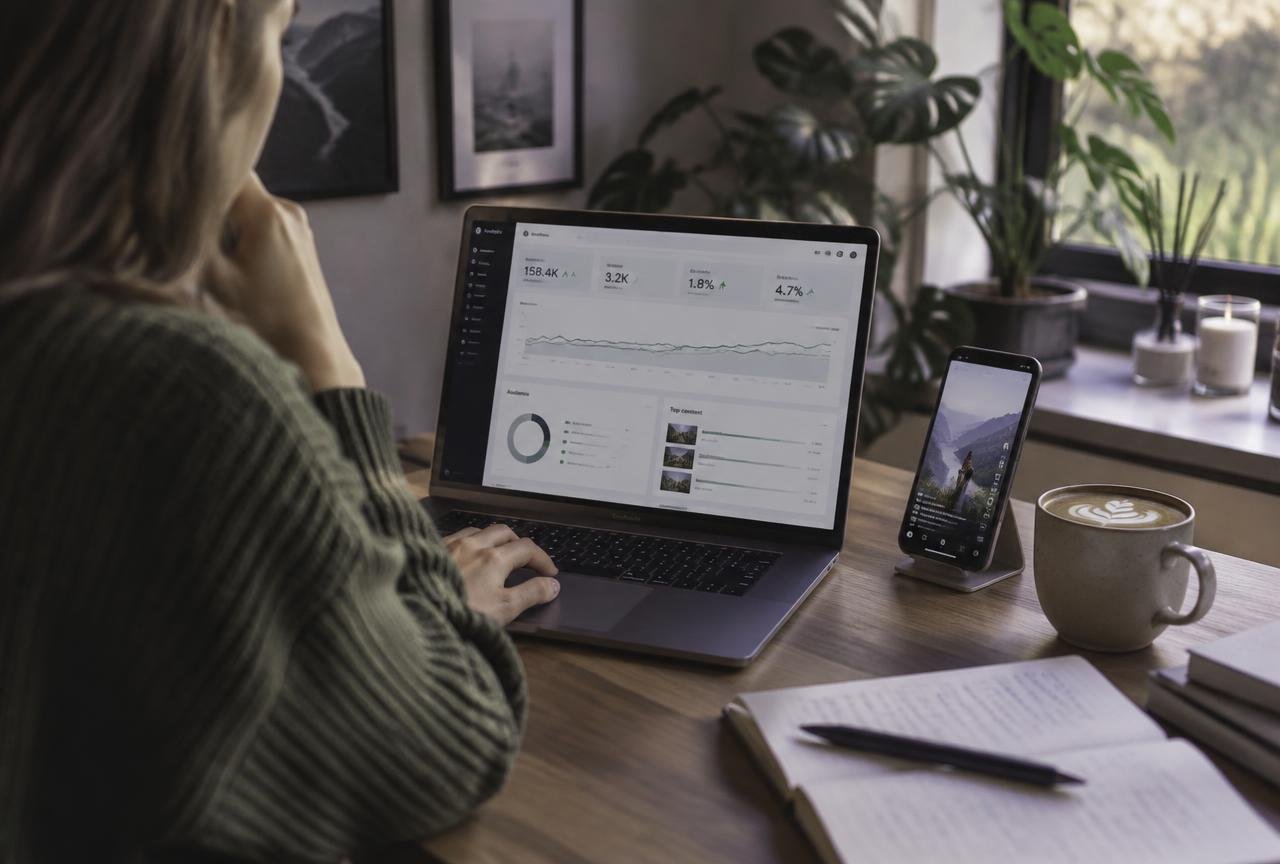 Marketer reviewing social media analytics on a laptop next to a phone showing a video post