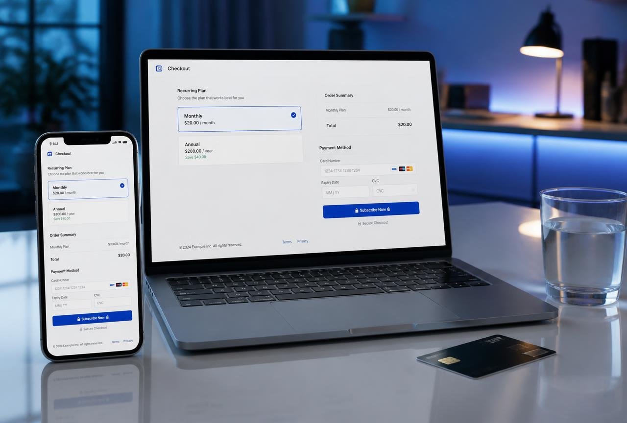 Laptop and smartphone showing a recurring subscription checkout with monthly and annual plan options